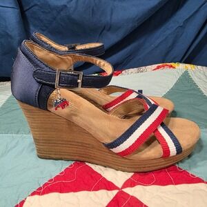 TOMS Strappy Wedge Sandals Womens 8.5 Blue Red White Striped Patriotic Political